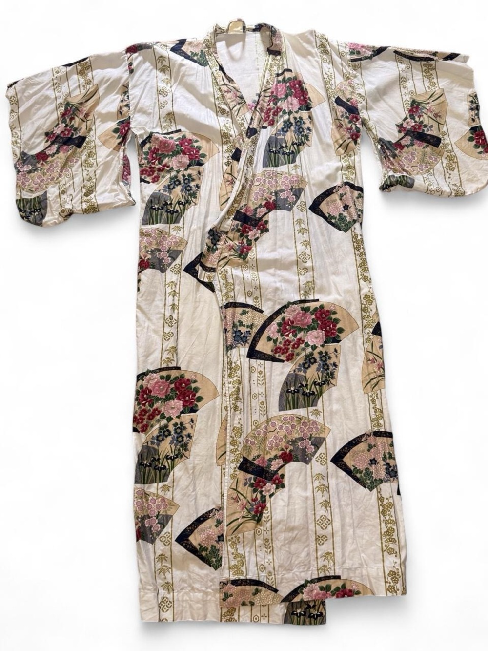 Vintage Japanese Kimono Floral Fan Print Gold Shimmer Japan S/M